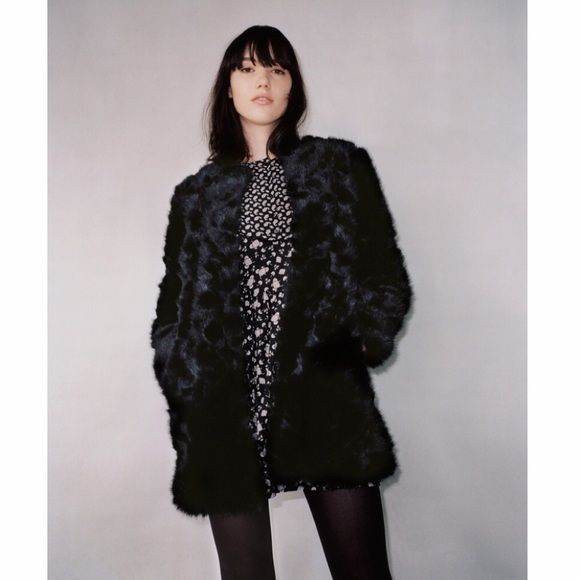 zara faux fur black coat